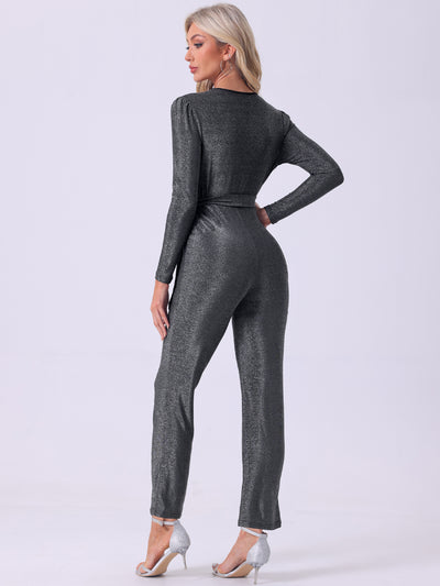 Glitter V Neck Long Sleeves Belted Tie Waist Jumpsuits