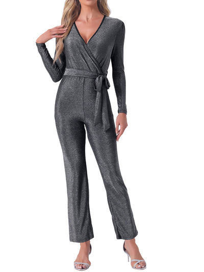 Glitter V Neck Long Sleeves Belted Tie Waist Jumpsuits