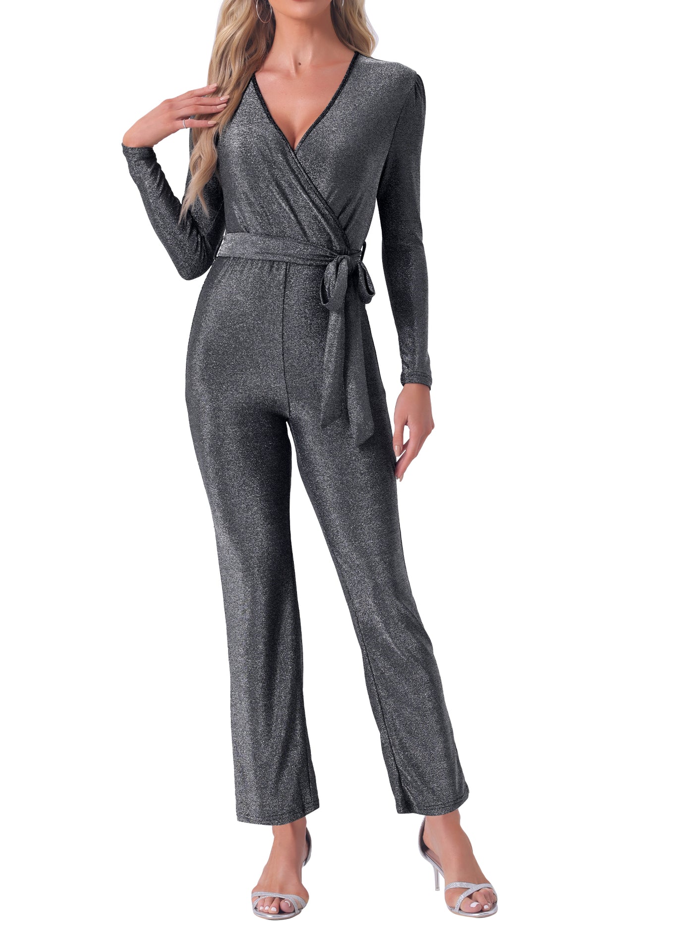 Allegra K Glitter V Neck Long Sleeves Belted Tie Waist Jumpsuits