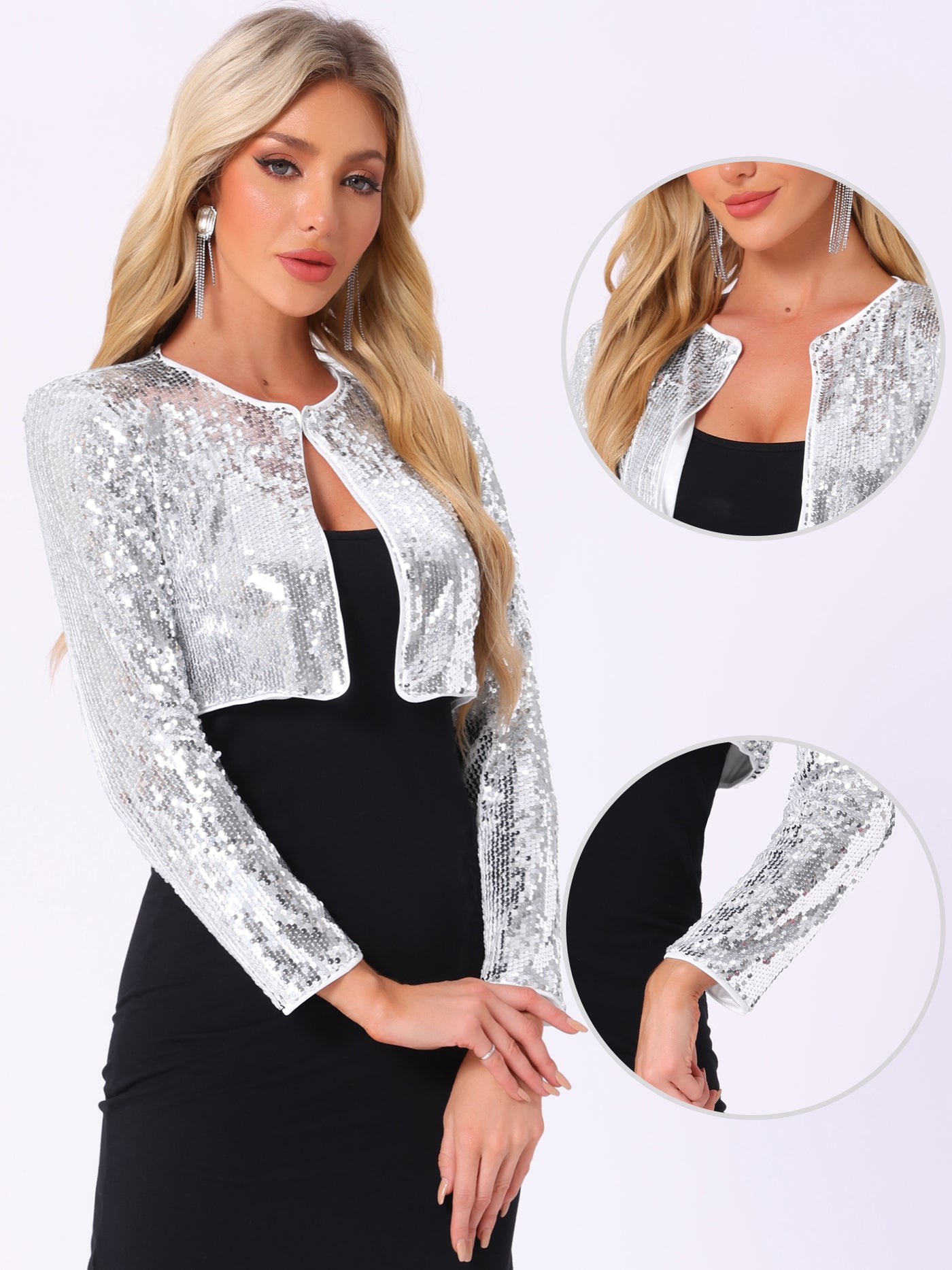 Allegra K Sequin Open Front Long Sleeve Glitter Shrug Cropped Cardigan