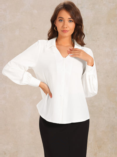 Collar Button Down Lantern Long Sleeve V Neck Work Shirt