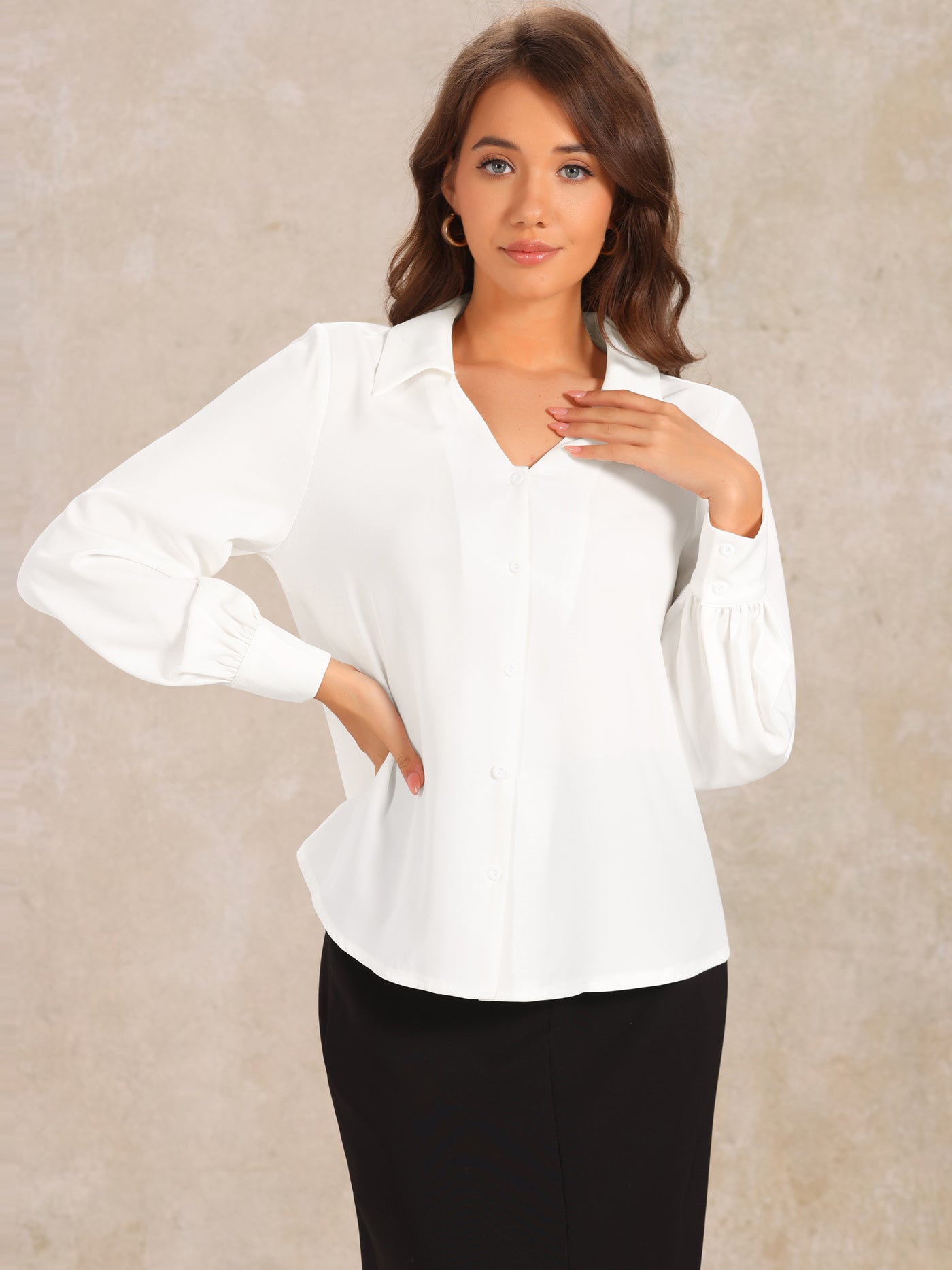 Allegra K Collar Button Down Lantern Long Sleeve V Neck Work Shirt