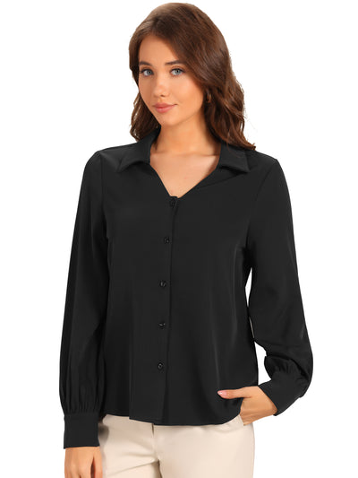 Collar Button Down Lantern Long Sleeve V Neck Work Shirt