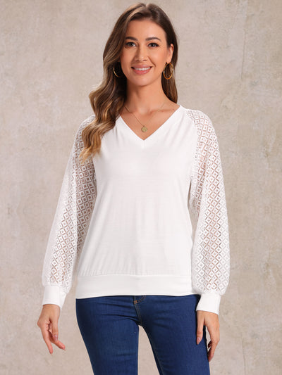 Lace Sleeve Casual V Neck Solid Color Blouse