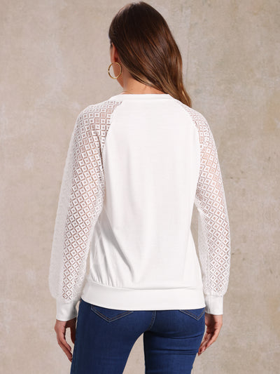 Lace Sleeve Casual V Neck Solid Color Blouse