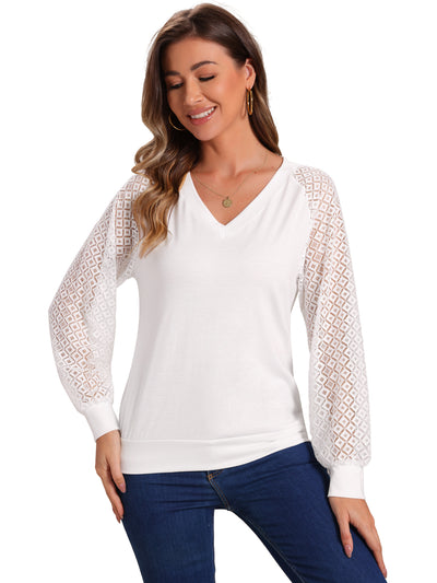 Lace Sleeve Casual V Neck Solid Color Blouse