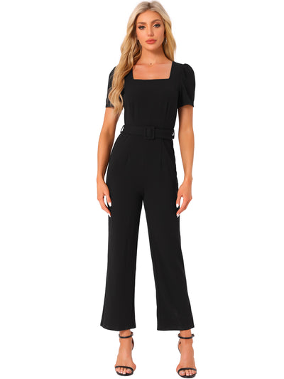 Square Neck Puff Short Sleeve Loose Wide Leg Jumpsuit