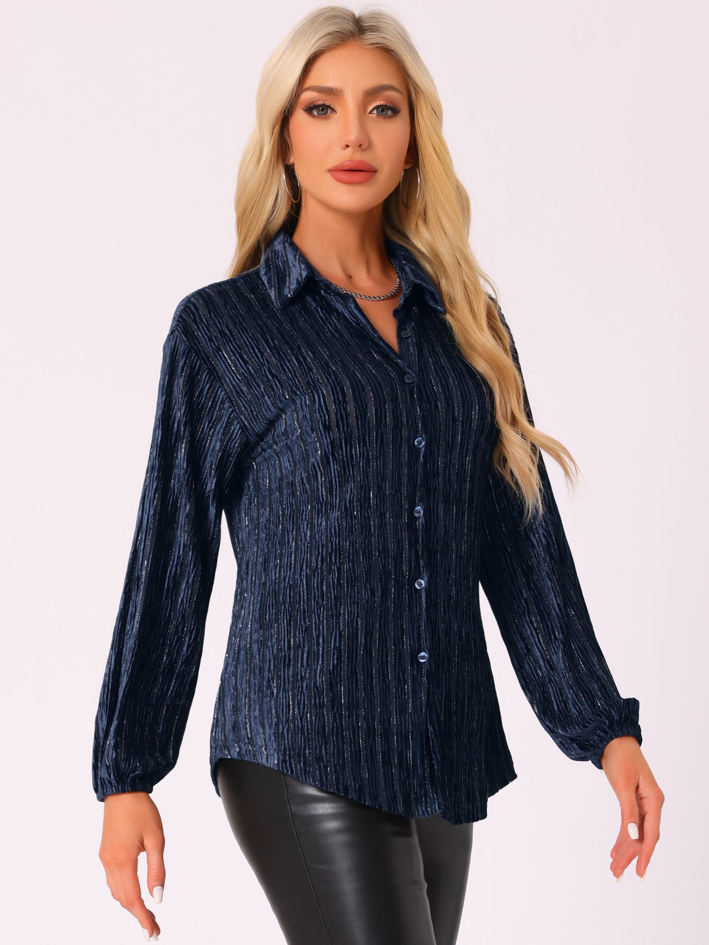 Allegra K Velvet Long Sleeve Striped Sheer Button Down Shirt