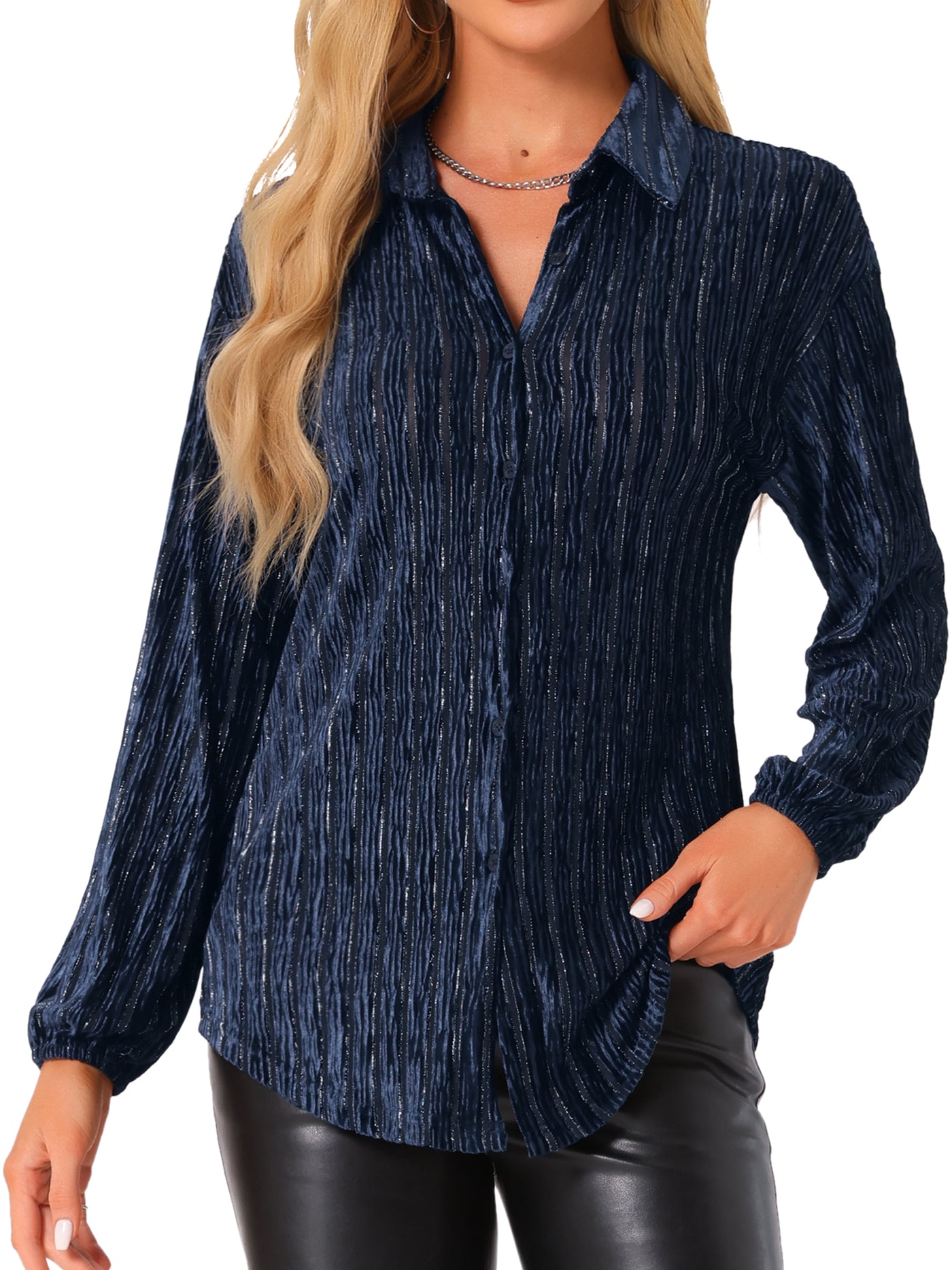 Allegra K Velvet Long Sleeve Striped Sheer Button Down Shirt