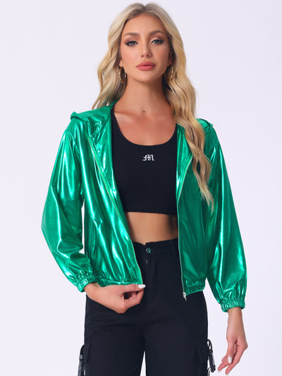 Holographic Shiny Lightweight Zipper Hooded Metallic Jacket