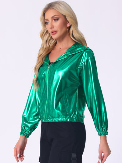 Holographic Shiny Lightweight Zipper Hooded Metallic Jacket