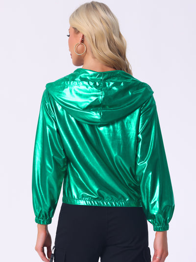 Holographic Shiny Lightweight Zipper Hooded Metallic Jacket