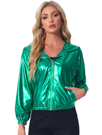 Holographic Shiny Lightweight Zipper Hooded Metallic Jacket