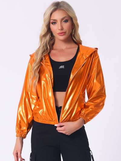 Holographic Shiny Lightweight Zipper Hooded Metallic Jacket