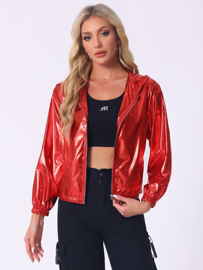 Holographic Shiny Lightweight Zipper Hooded Metallic Jacket