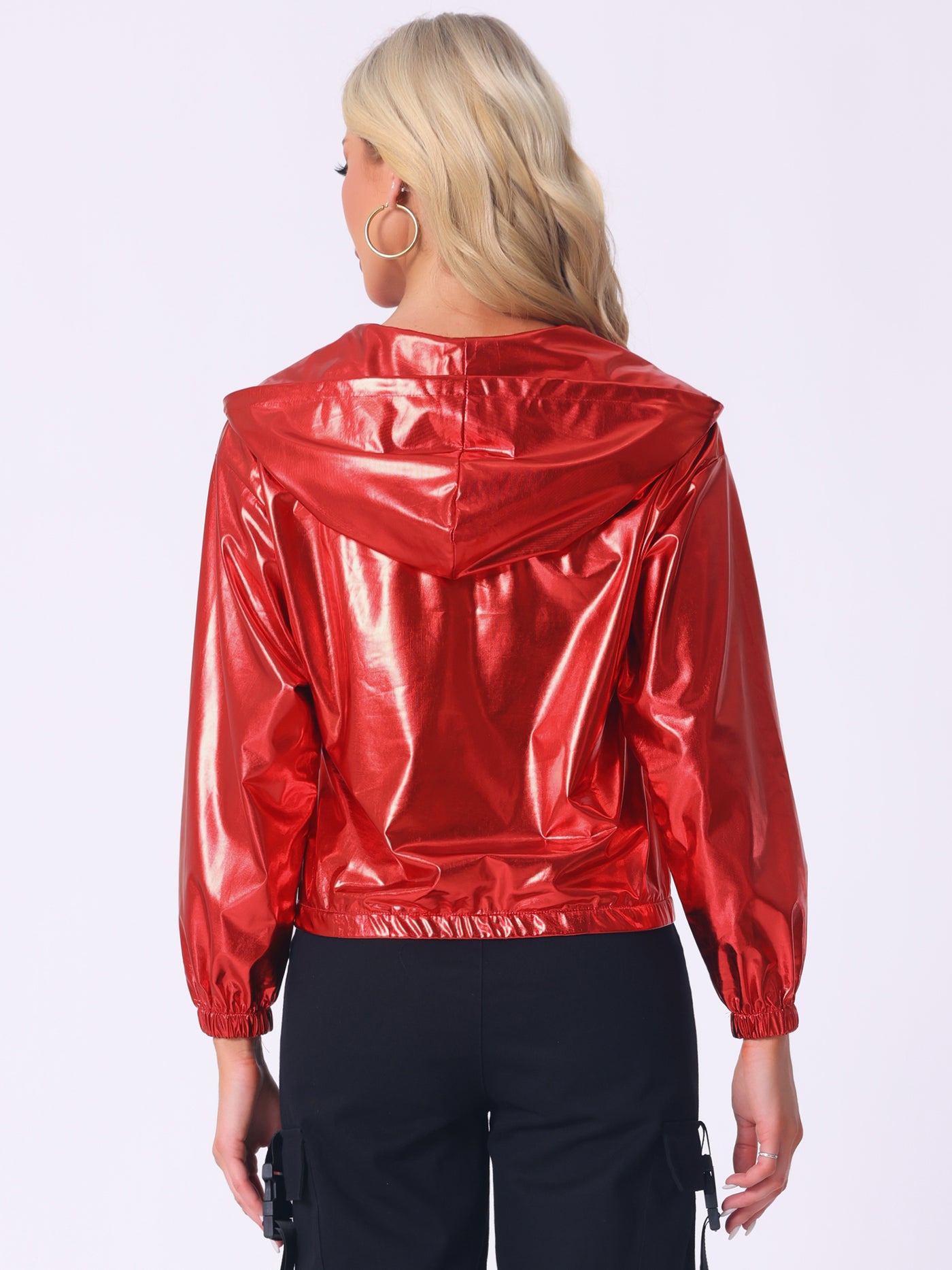 Allegra K Holographic Shiny Lightweight Zipper Hooded Metallic Jacket