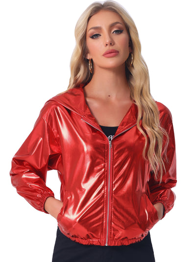 Holographic Shiny Lightweight Zipper Hooded Metallic Jacket