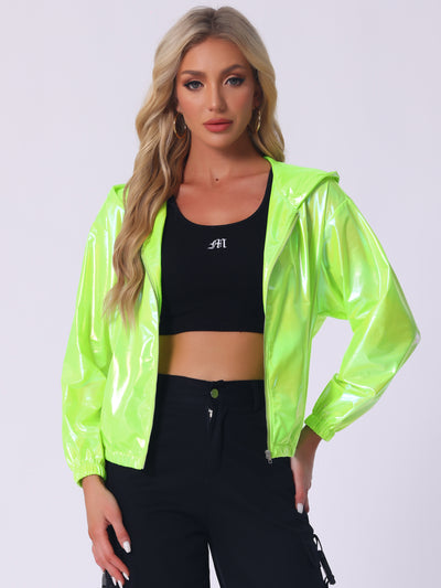 Holographic Shiny Lightweight Zipper Hooded Metallic Jacket