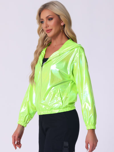 Holographic Shiny Lightweight Zipper Hooded Metallic Jacket