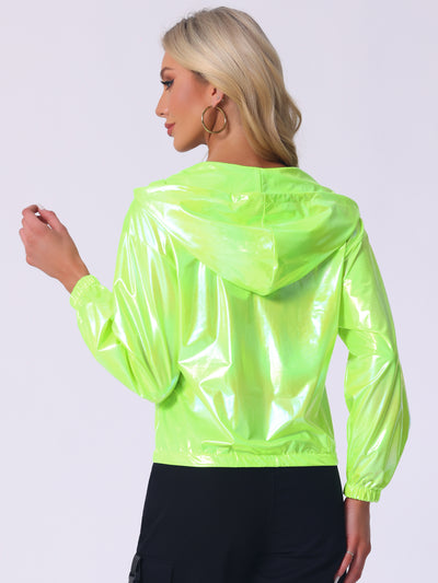 Holographic Shiny Lightweight Zipper Hooded Metallic Jacket