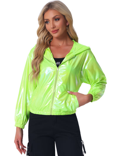 Holographic Shiny Lightweight Zipper Hooded Metallic Jacket