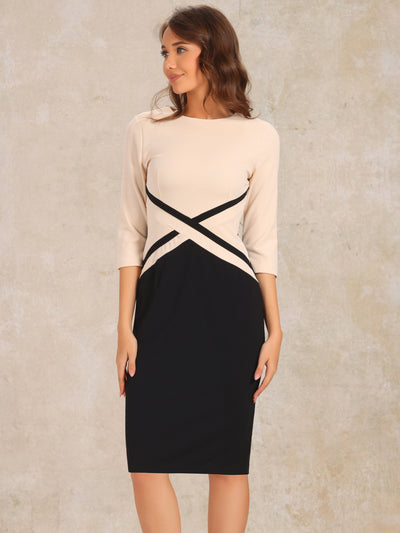 Contrast Color 3/4 Sleeve Bodycon Work Office Pencil Sheath Dress