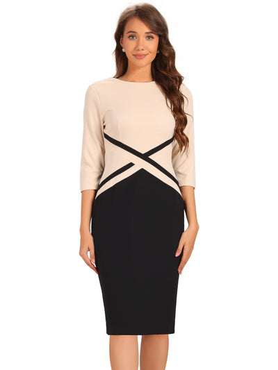 Contrast Color 3/4 Sleeve Bodycon Work Office Pencil Sheath Dress