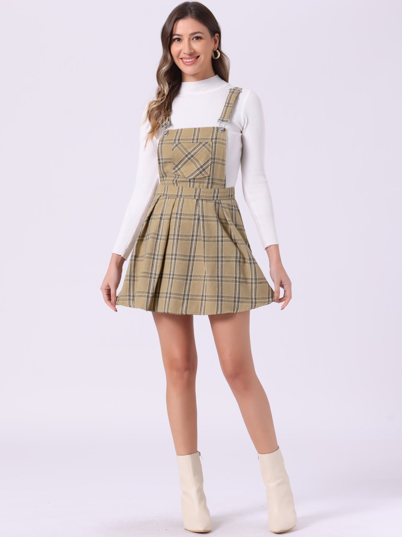 Allegra K Checks Adjustable Strap Pinafore Overall Dress Suspender Skirt