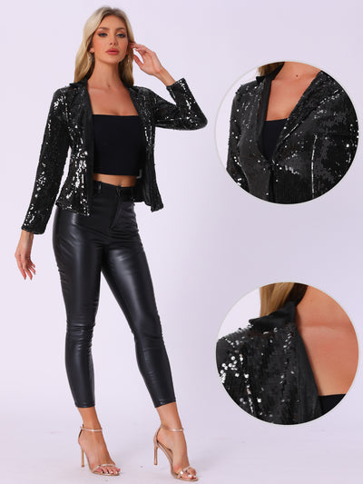 Lapel Collar Sequin Shiny Metallic Cropped Jacket Blazer