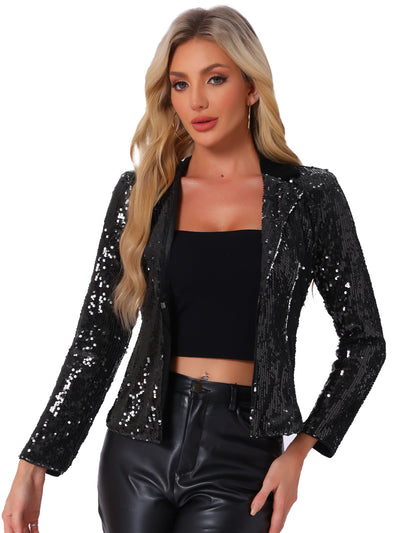 Lapel Collar Sequin Shiny Metallic Cropped Jacket Blazer