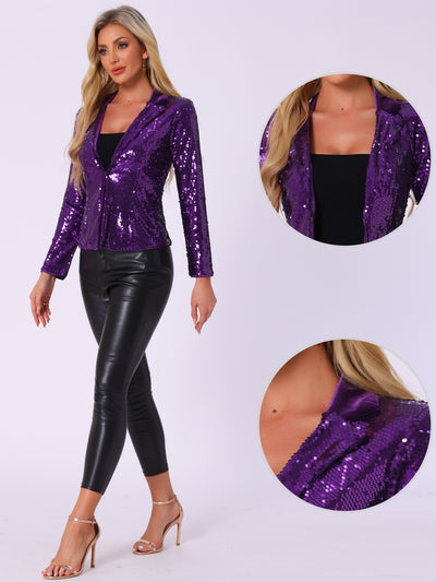 Lapel Collar Sequin Shiny Metallic Cropped Jacket Blazer