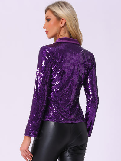 Lapel Collar Sequin Shiny Metallic Cropped Jacket Blazer