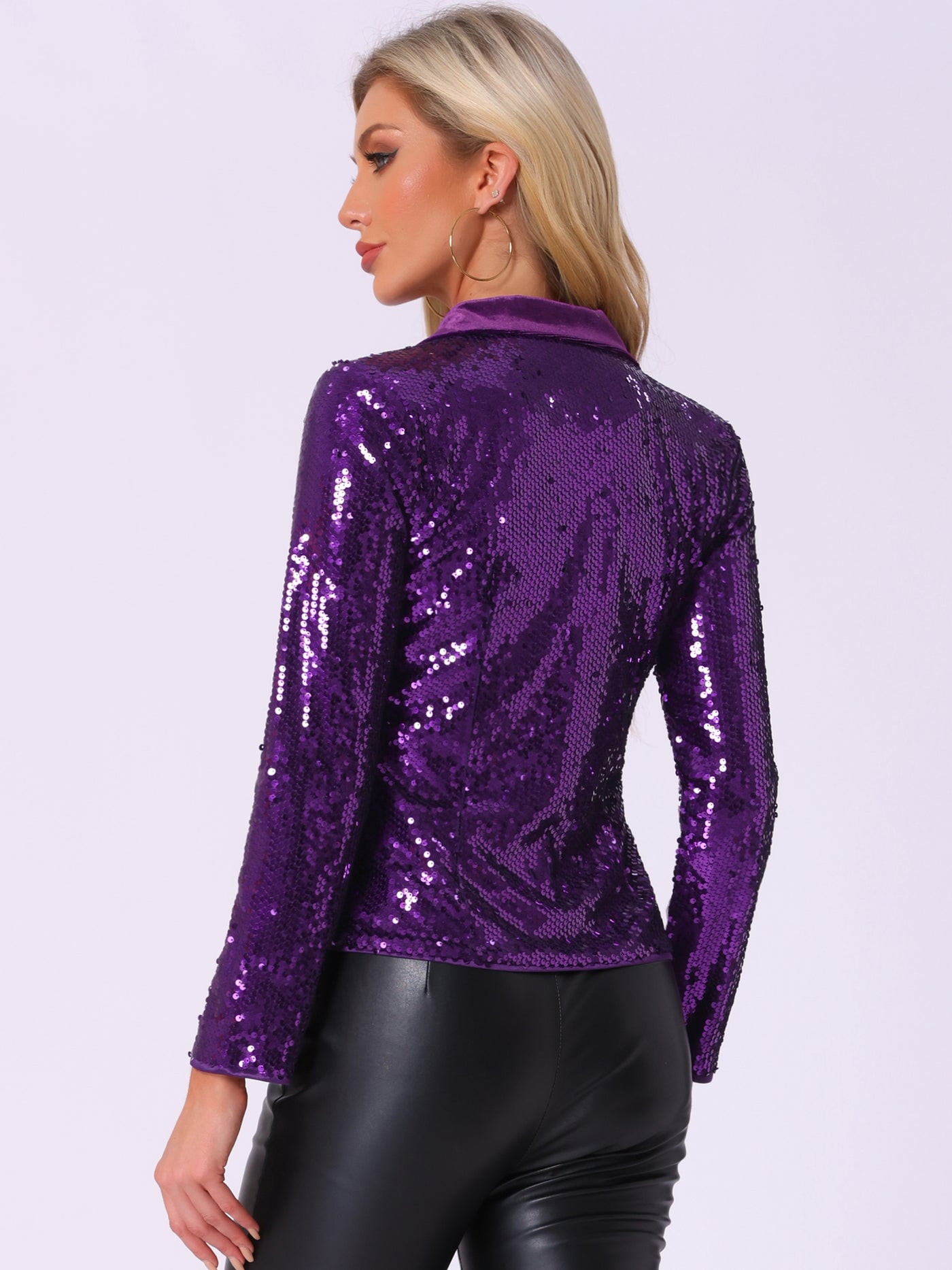 Allegra K Lapel Collar Sequin Shiny Metallic Cropped Jacket Blazer