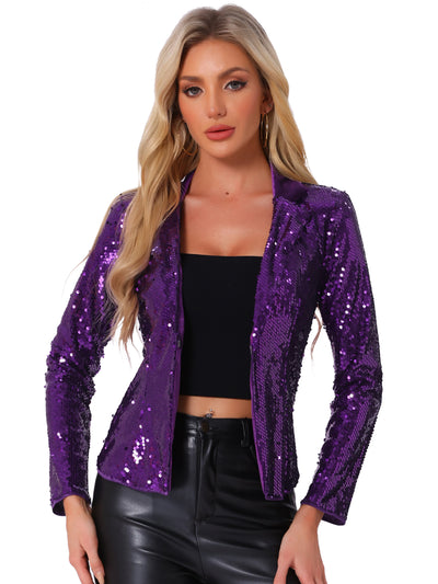 Lapel Collar Sequin Shiny Metallic Cropped Jacket Blazer