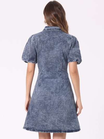 Denim Puff Short Sleeve Button Down A-Line Jean Dress