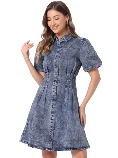 Denim Puff Short Sleeve Button Down A-Line Jean Dress