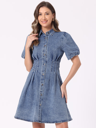 Denim Puff Short Sleeve Button Down A-Line Jean Dress