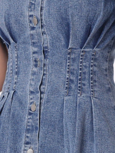 Denim Puff Short Sleeve Button Down A-Line Jean Dress