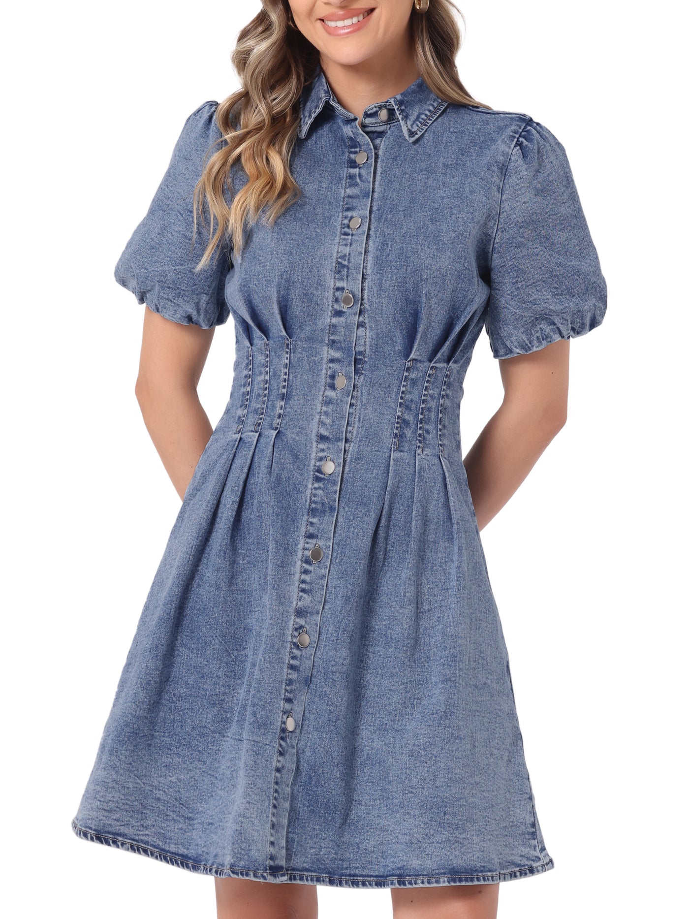 Allegra K Denim Puff Short Sleeve Button Down A-Line Jean Dress