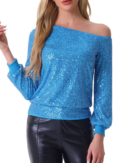 Off Shoulder Sequins Tops Disco Party Sparkly Glitter Top