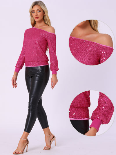 Off Shoulder Sequins Tops Disco Party Sparkly Glitter Top