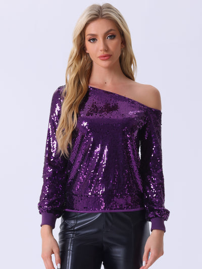 Off Shoulder Sequins Tops Disco Party Sparkly Glitter Top