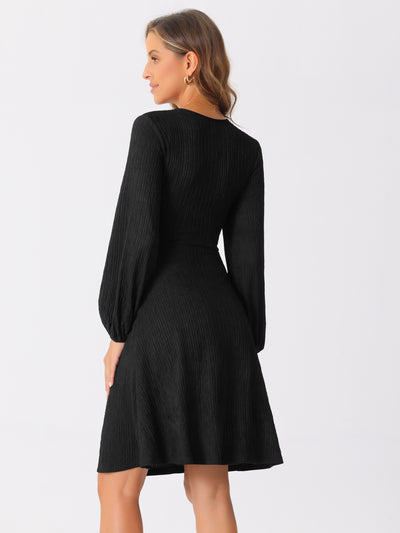 V Neck Criss Cross Long Sleeve Textured A-Line Midi Dress