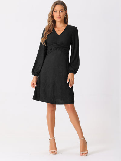 V Neck Criss Cross Long Sleeve Textured A-Line Midi Dress