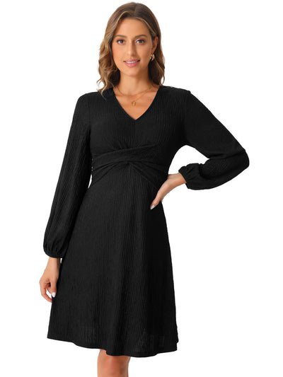 V Neck Criss Cross Long Sleeve Textured A-Line Midi Dress