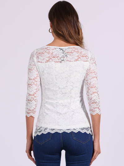 Floral Lace Sheer 3/4 Sleeve Boat Neck Blouse