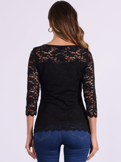 Floral Lace Sheer 3/4 Sleeve Boat Neck Blouse