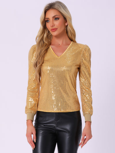 Sequin Top V Neck Party Metallic Sparkly Blouse