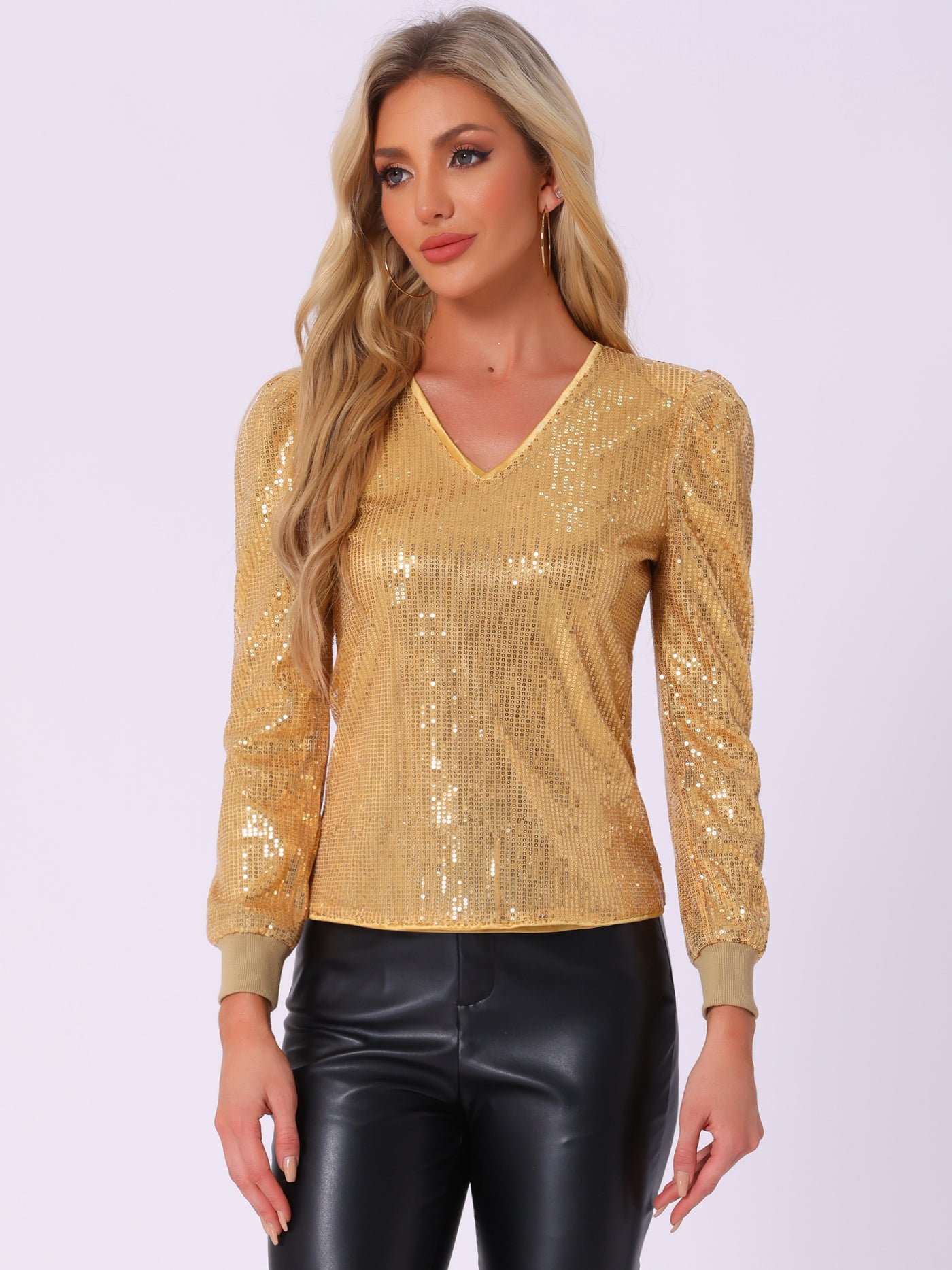 Allegra K Sequin Top V Neck Party Metallic Sparkly Blouse