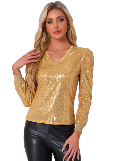 Sequin Top V Neck Party Metallic Sparkly Blouse